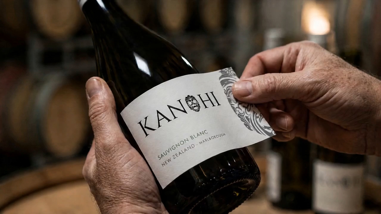 Kanohi label being applied to the bottle